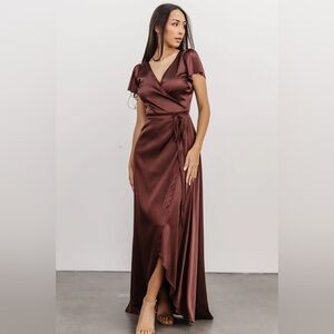 Baltic Born Krystal Satin Maxi Wrap Dress in Dark Clove Size XS prom formal